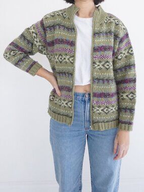 Vintage Studio Works Green Fair Isle Knit Zip Cardigan Nordic Pattern Petite PM